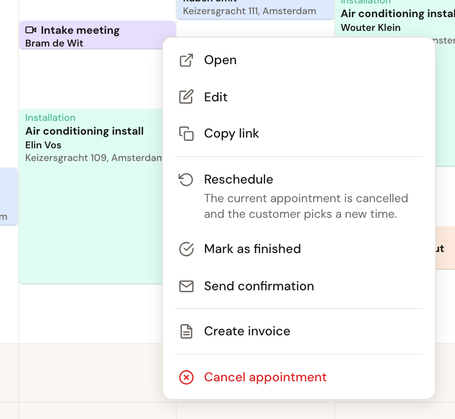 The menu after right-clicking a video call, with Open, Edit, Copy link, Reschedule with a line of explanation under it, Mark as finished, Send confirmation, Create invoice and, in red, Cancel appointment.