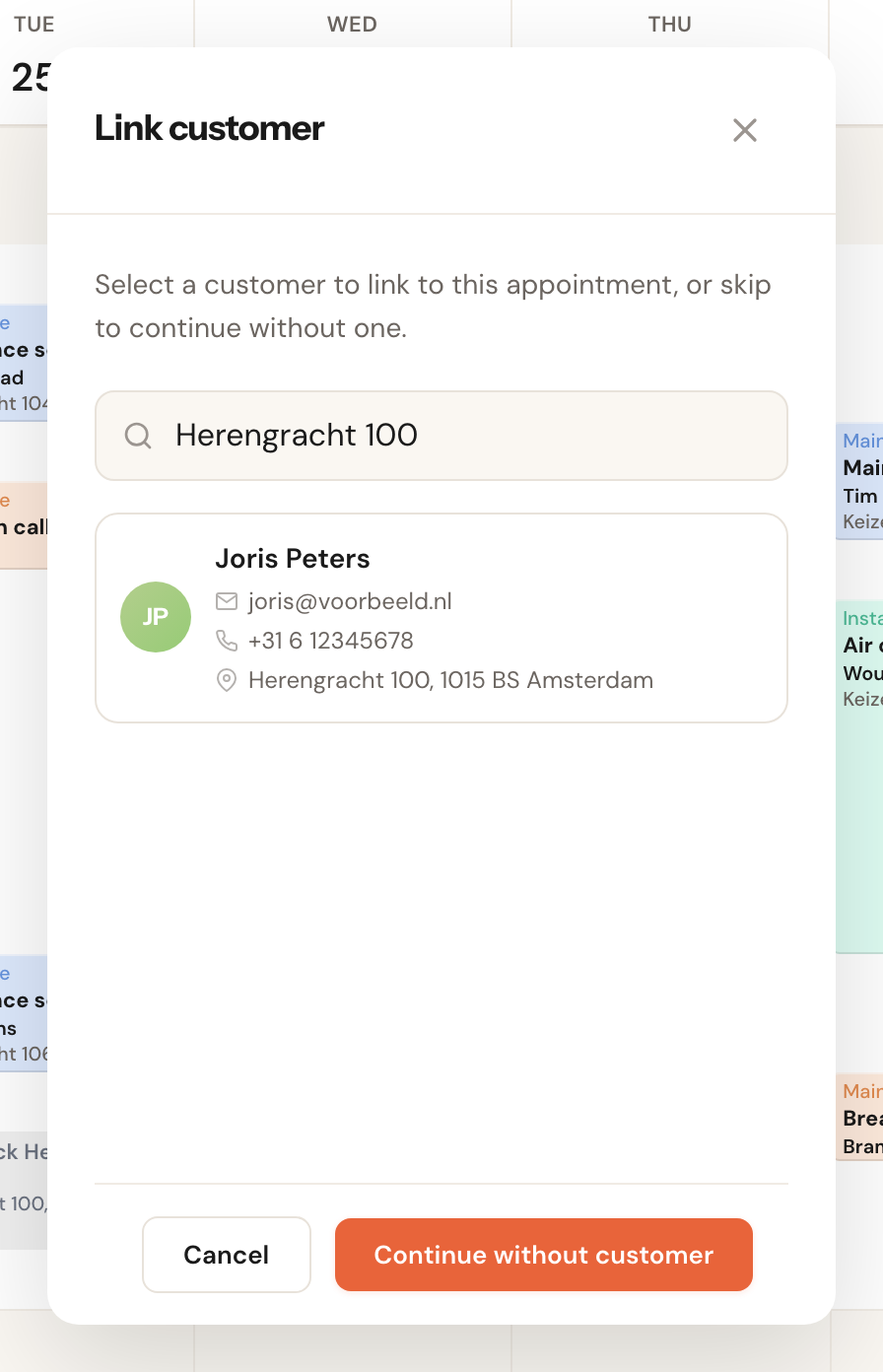 The Link customer window with Herengracht 100 in the search box and one result, Joris Peters, with his e-mail address, phone number and address Herengracht 100, 1015 BS Amsterdam; at the bottom Cancel and Continue without customer.