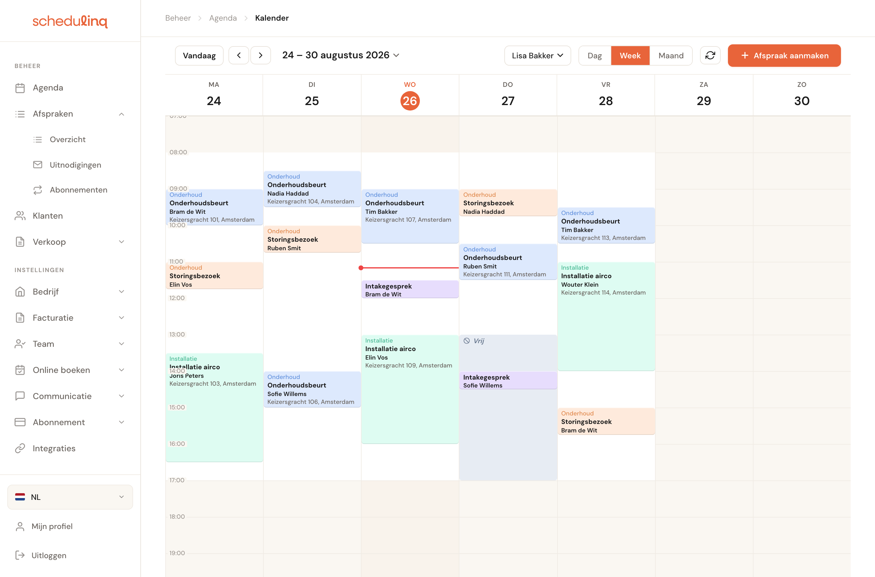 De weekweergave van de agenda met afspraken verdeeld over maandag tot en met vrijdag.