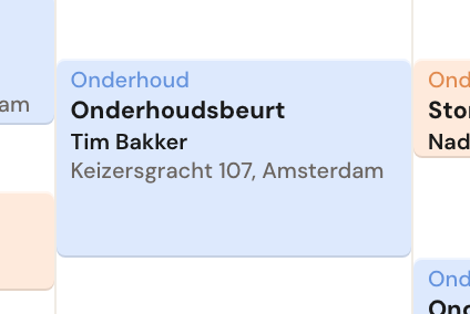 Eén afspraakblok met categorie, naam van het afspraaktype, klantnaam en adres.
