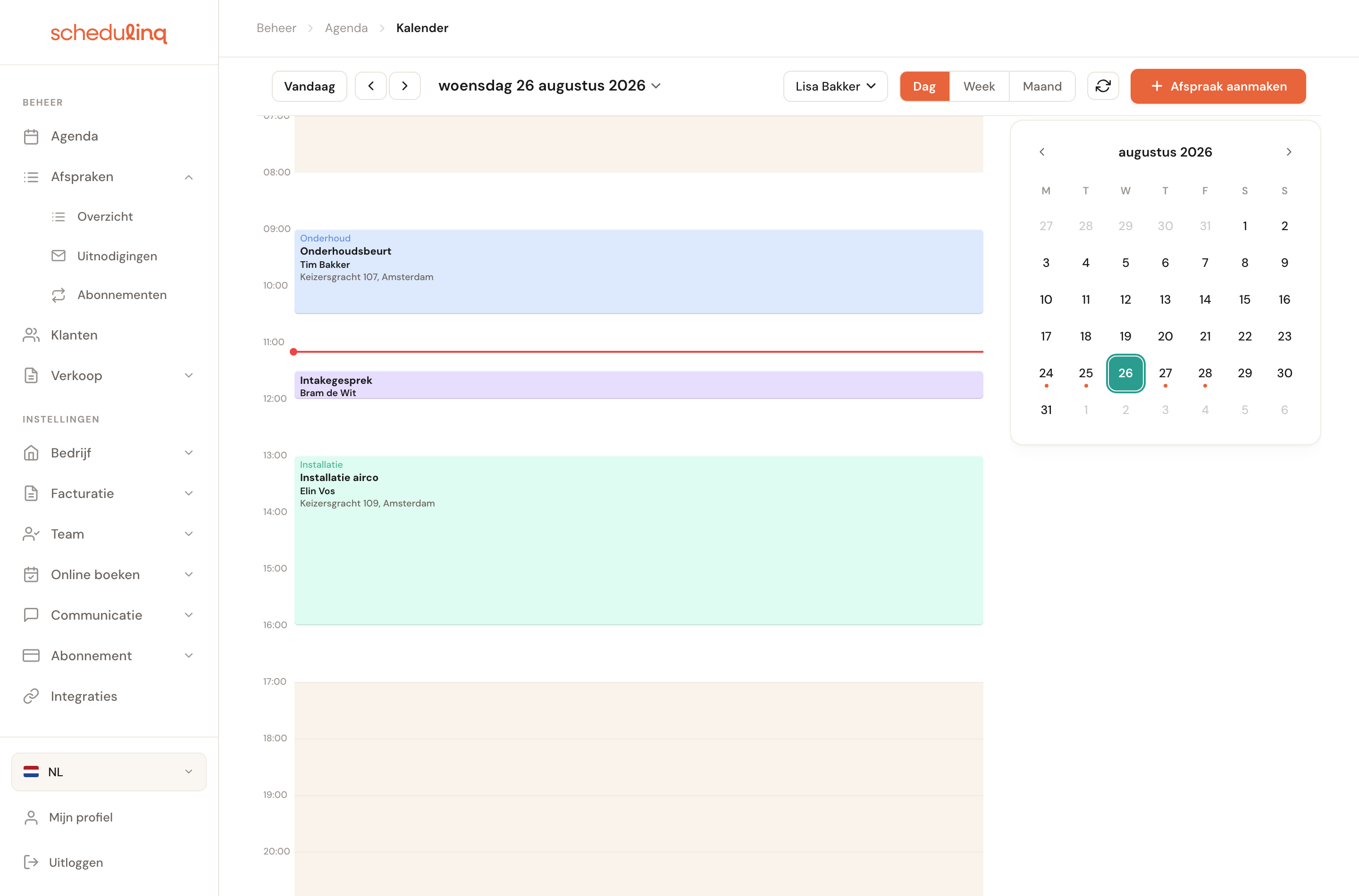 De dagweergave met één dag over de volle breedte en een minikalender rechts.