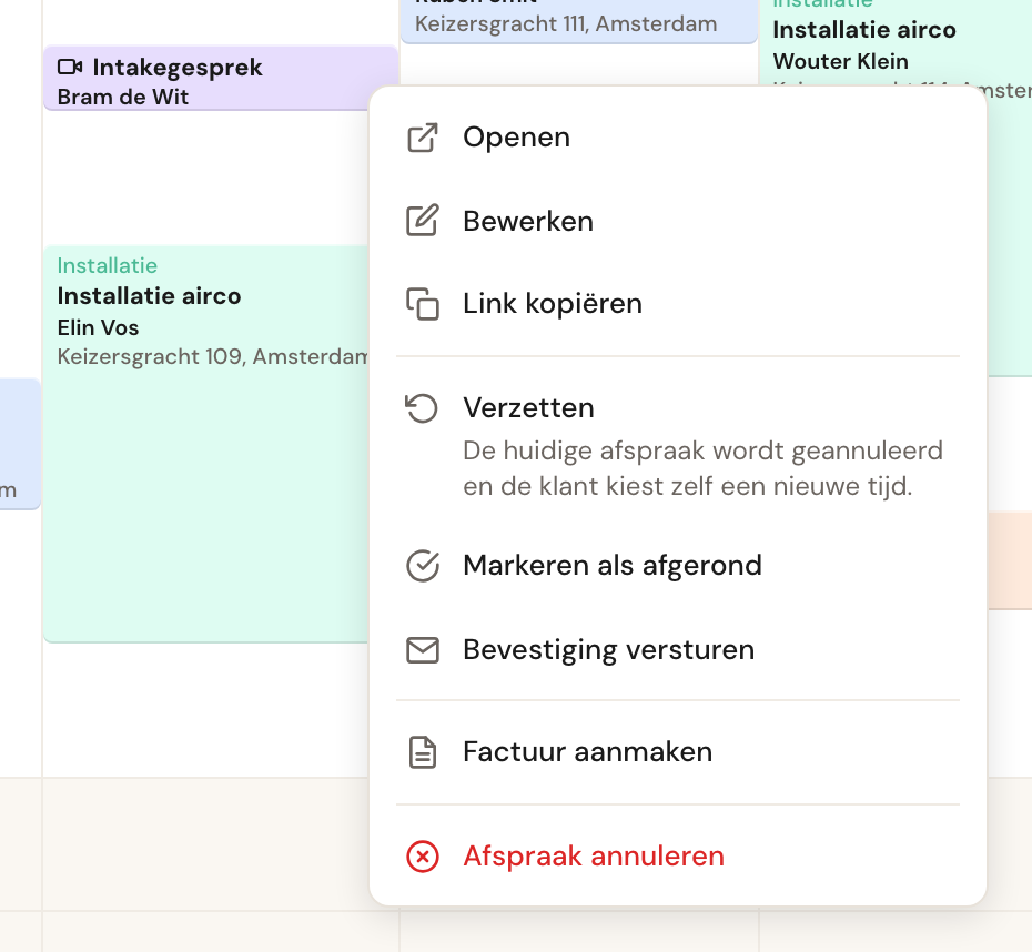 Het menu na een rechtsklik op een videogesprek, met Openen, Bewerken, Link kopiëren, Verzetten met een regel uitleg eronder, Markeren als afgerond, Bevestiging versturen, Factuur aanmaken en in rood Afspraak annuleren.