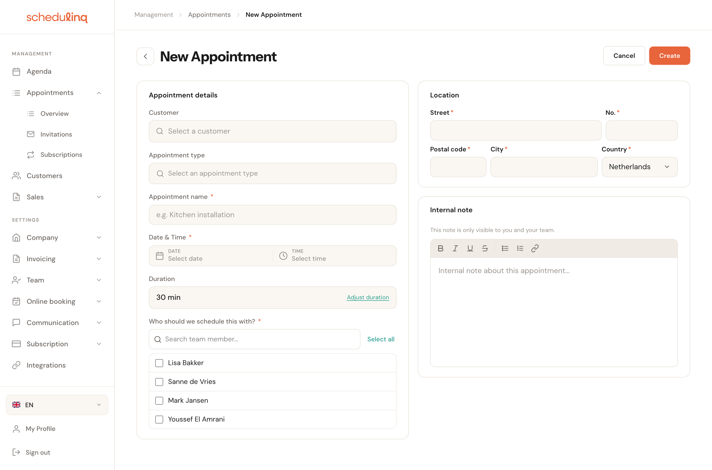 The empty New appointment form with the Appointment details, Location and Internal note cards.