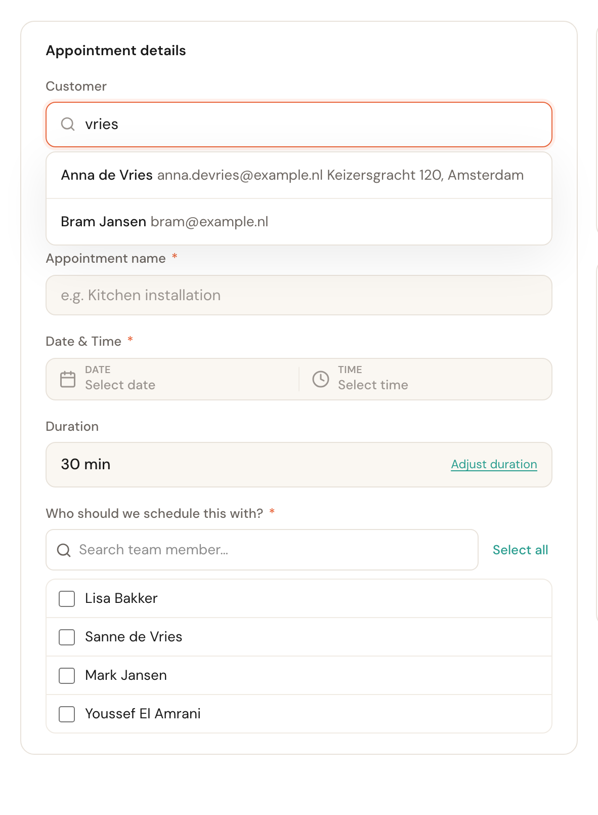 The customer field with search results underneath.