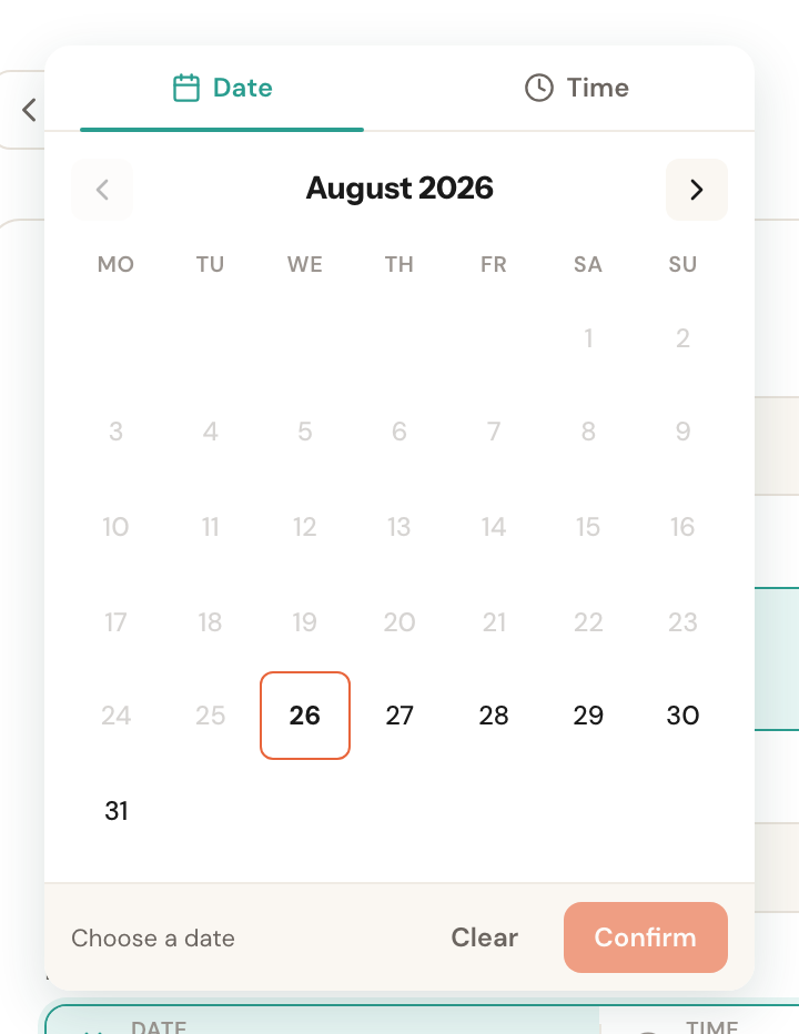The open calendar with the Date and Time tabs.