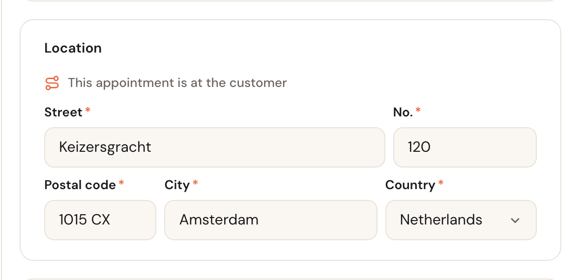 The Location card with the customer's address filled in.