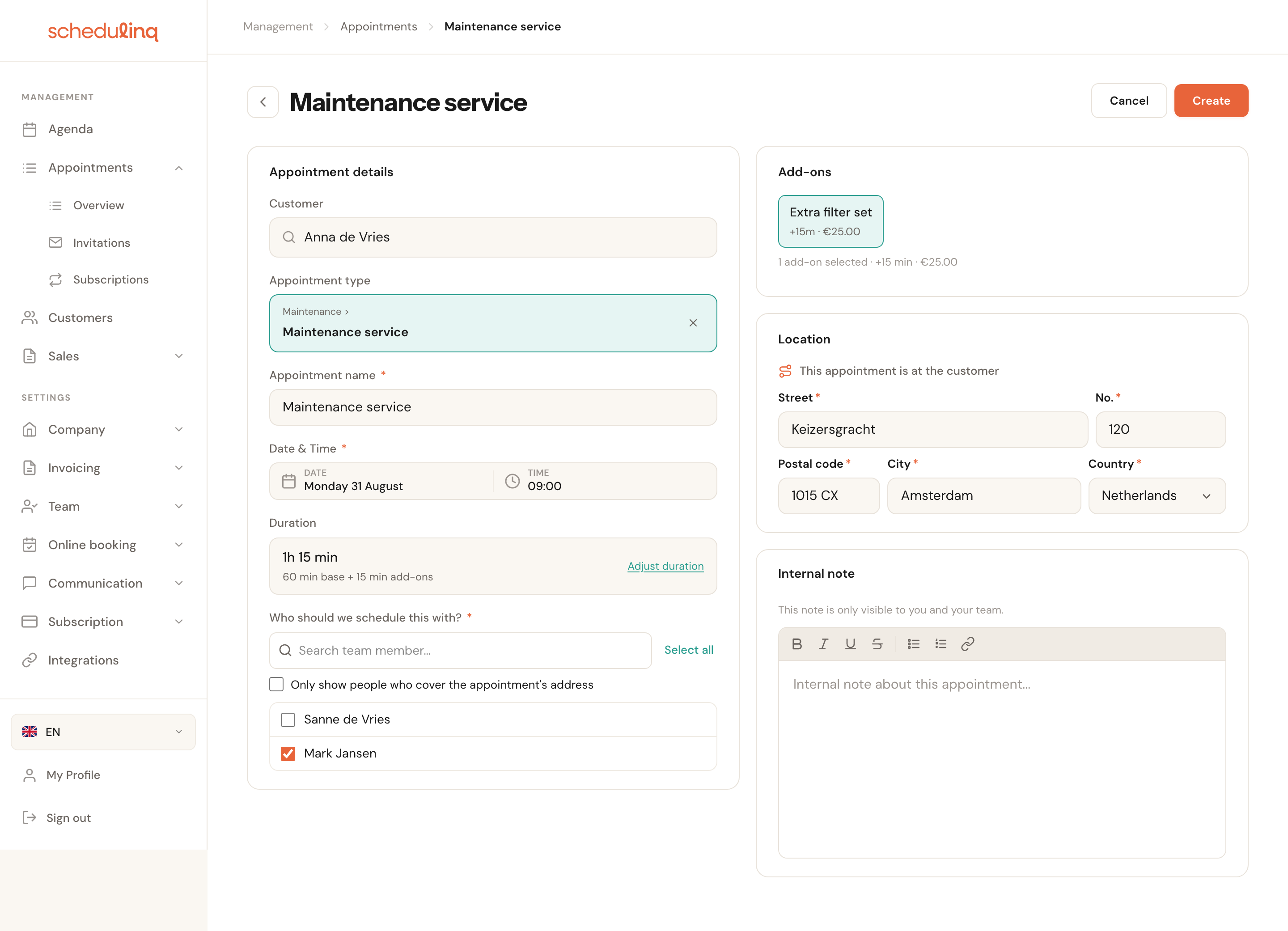 The fully filled-in form with customer, service, date, duration, staff member, add-ons, address and note.