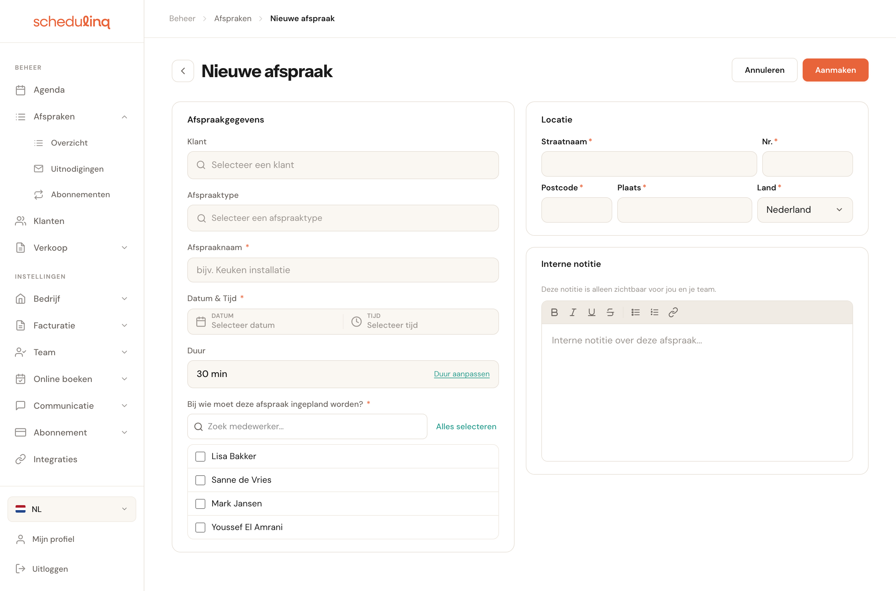 Het lege formulier Nieuwe afspraak met de kaarten Afspraakgegevens, Locatie en Interne notitie.