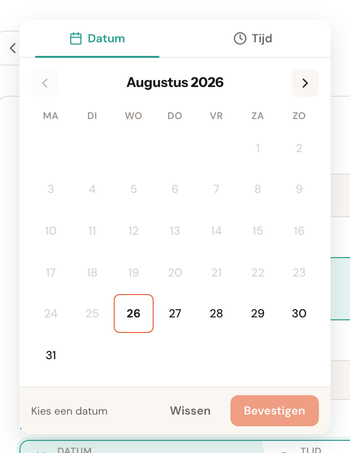 De geopende kalender met de tabbladen Datum en Tijd.