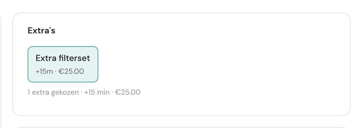 De kaart Extra's met een gekozen extra en de samenvatting eronder.