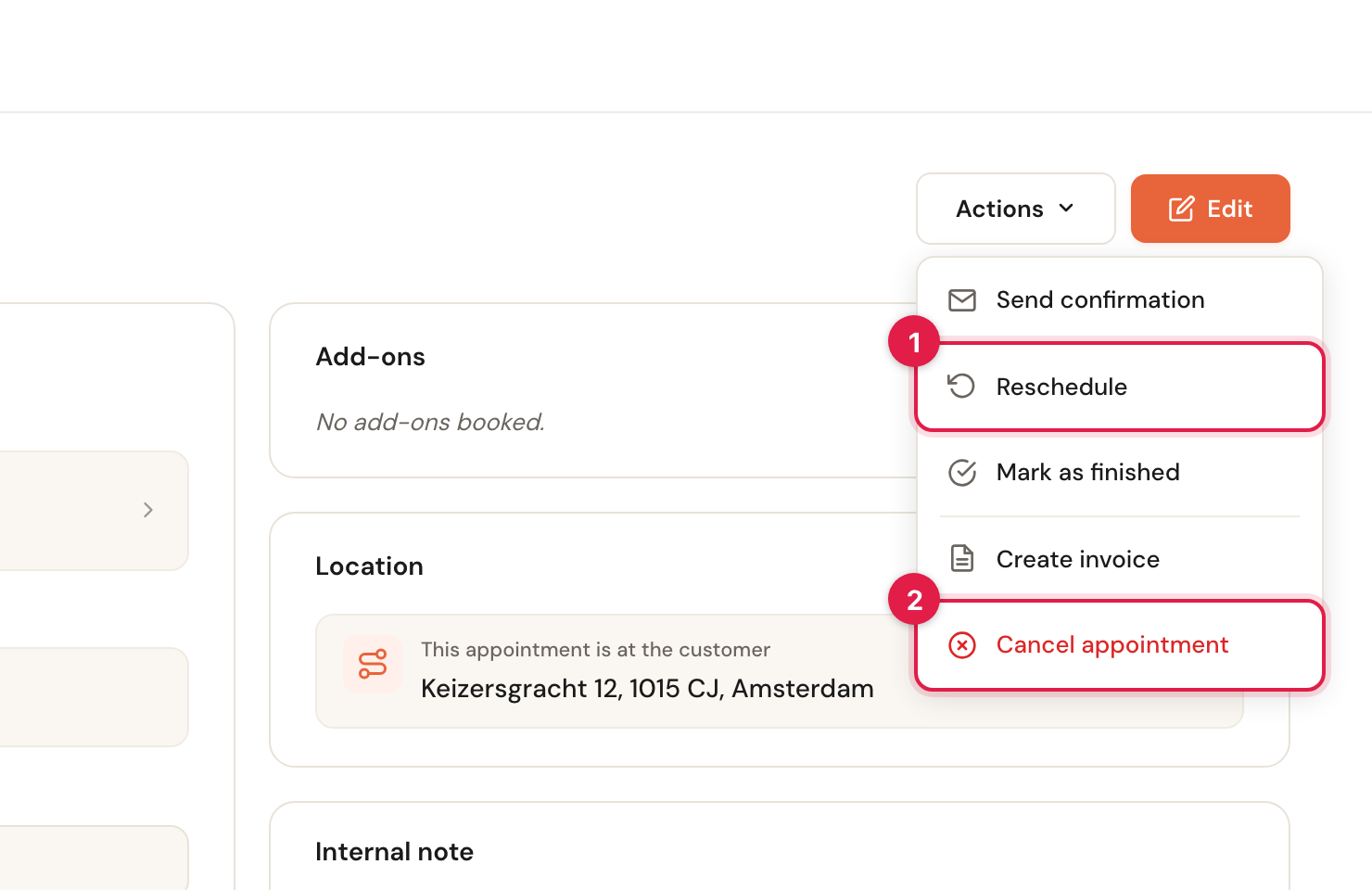 The Actions menu with Send confirmation, Reschedule, Mark as completed, Create invoice and Cancel appointment.