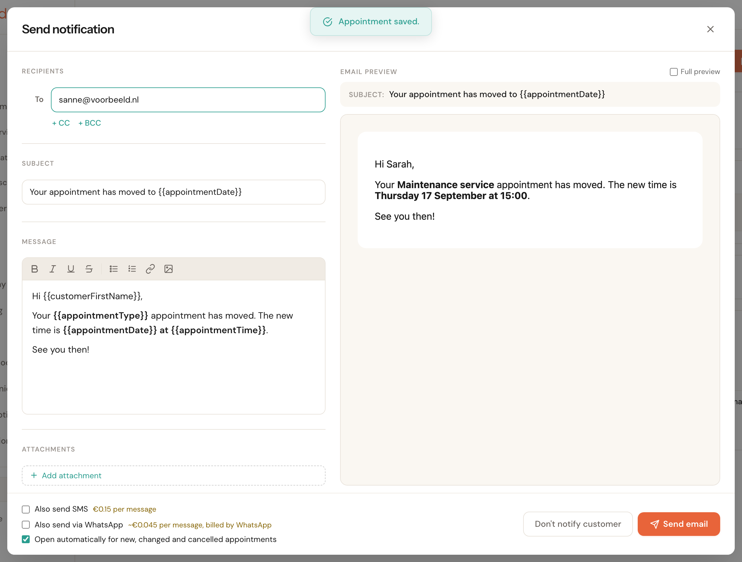 The Send notification window with recipient, subject, message, an email preview, and at the bottom the buttons Do not notify customer and Send email.