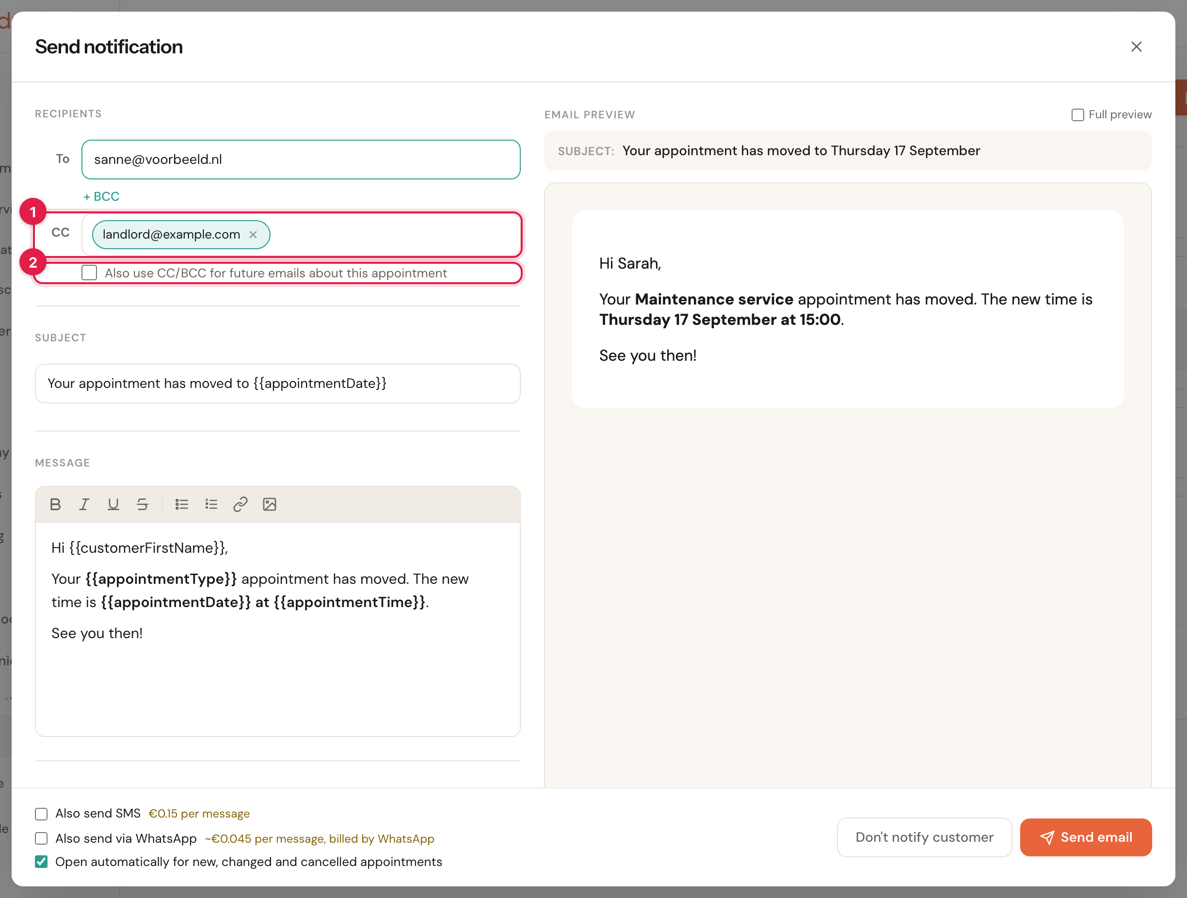 The Send notification window with the CC row opened and the address landlord@example.com in it (1), and under it the box Also use CC/BCC for future emails about this appointment (2).