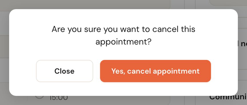 The confirmation prompt asking whether you are sure you want to cancel this appointment, with Close and Yes, cancel appointment.