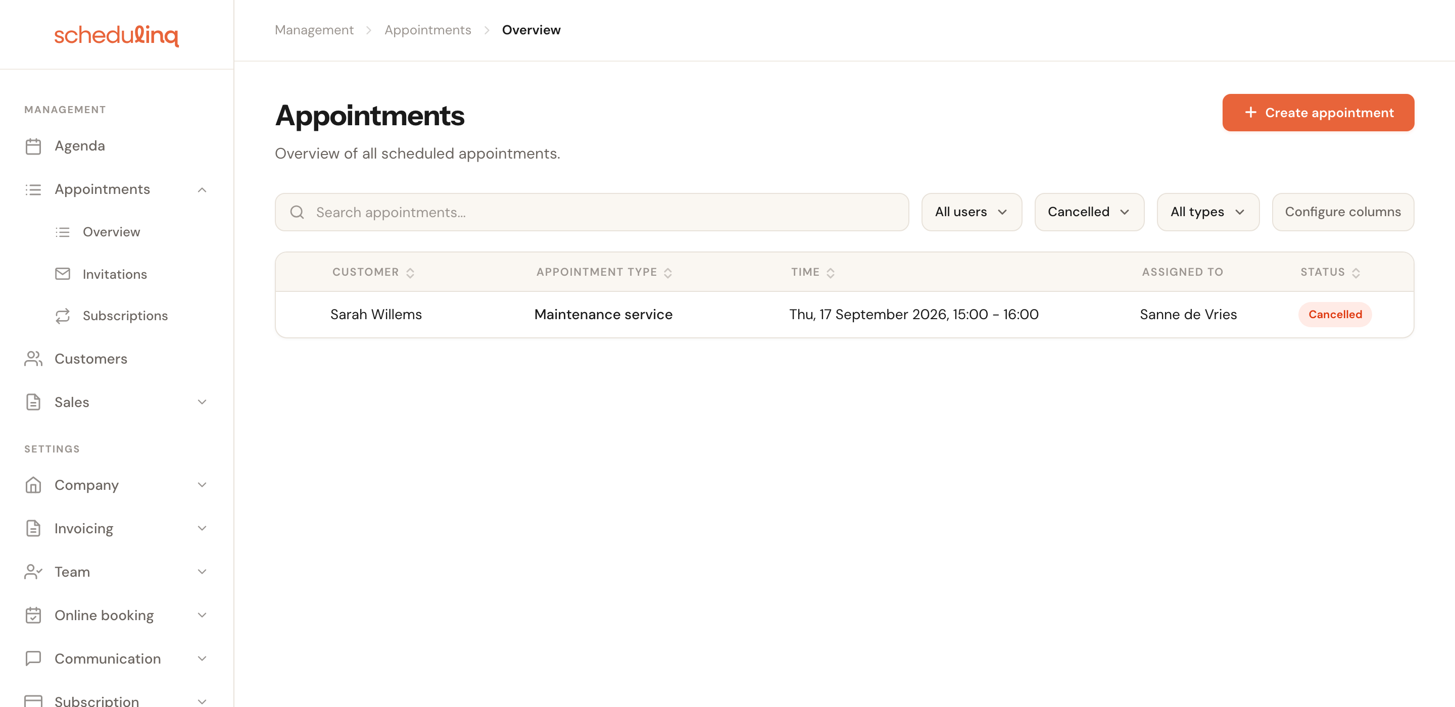The appointments overview with the status filter set to Cancelled and the cancelled appointment listed.
