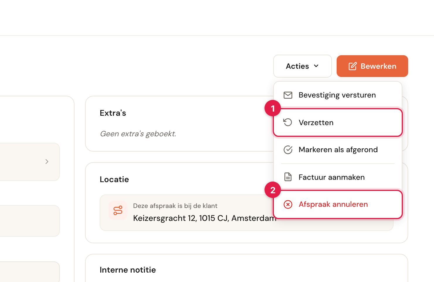 Het menu Acties met Bevestiging versturen, Verzetten, Markeren als afgerond, Factuur aanmaken en Afspraak annuleren.
