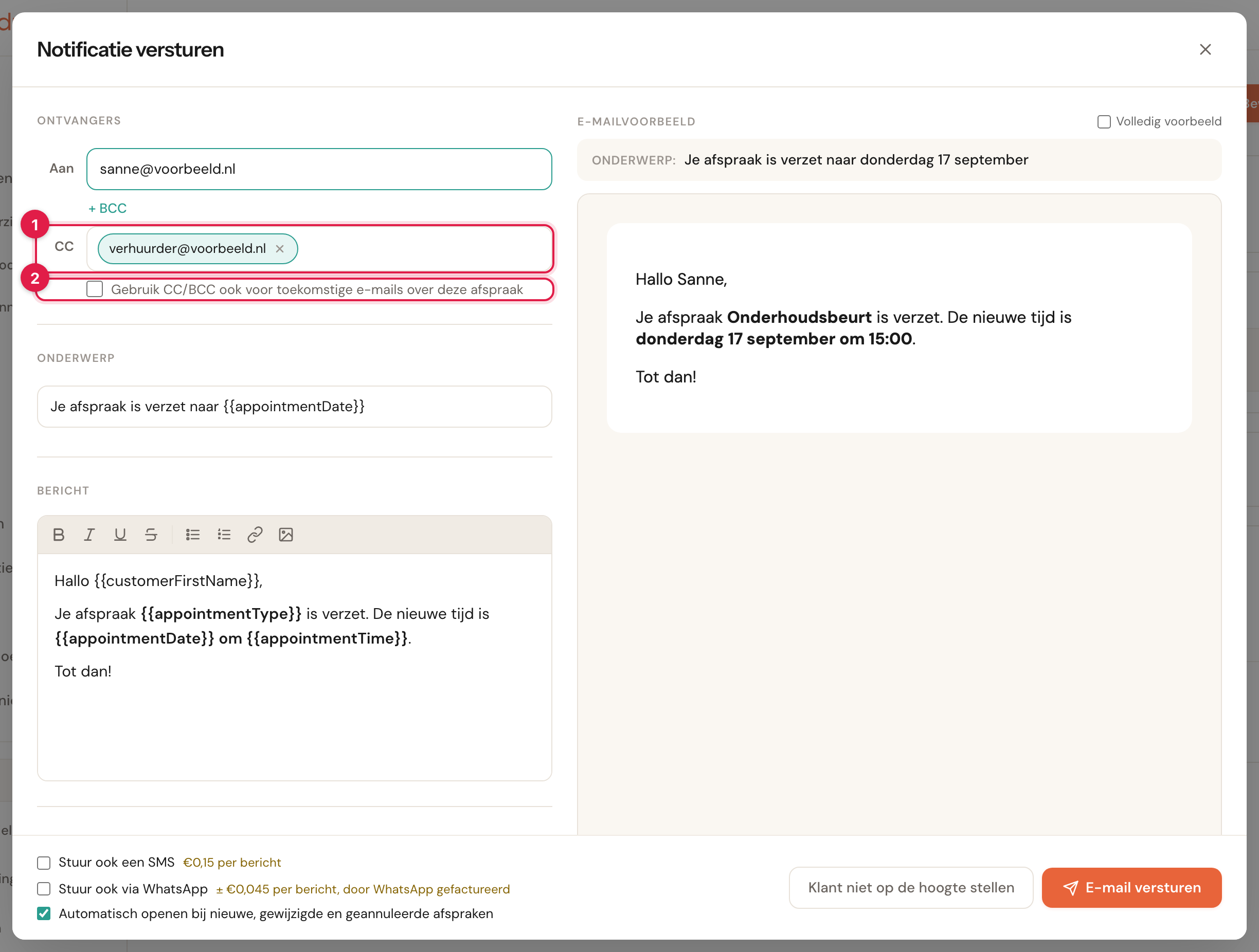 Het venster Notificatie versturen met de regel CC geopend en daarin het adres verhuurder@voorbeeld.nl (1), en daaronder het vinkje Gebruik CC/BCC ook voor toekomstige e-mails over deze afspraak (2).