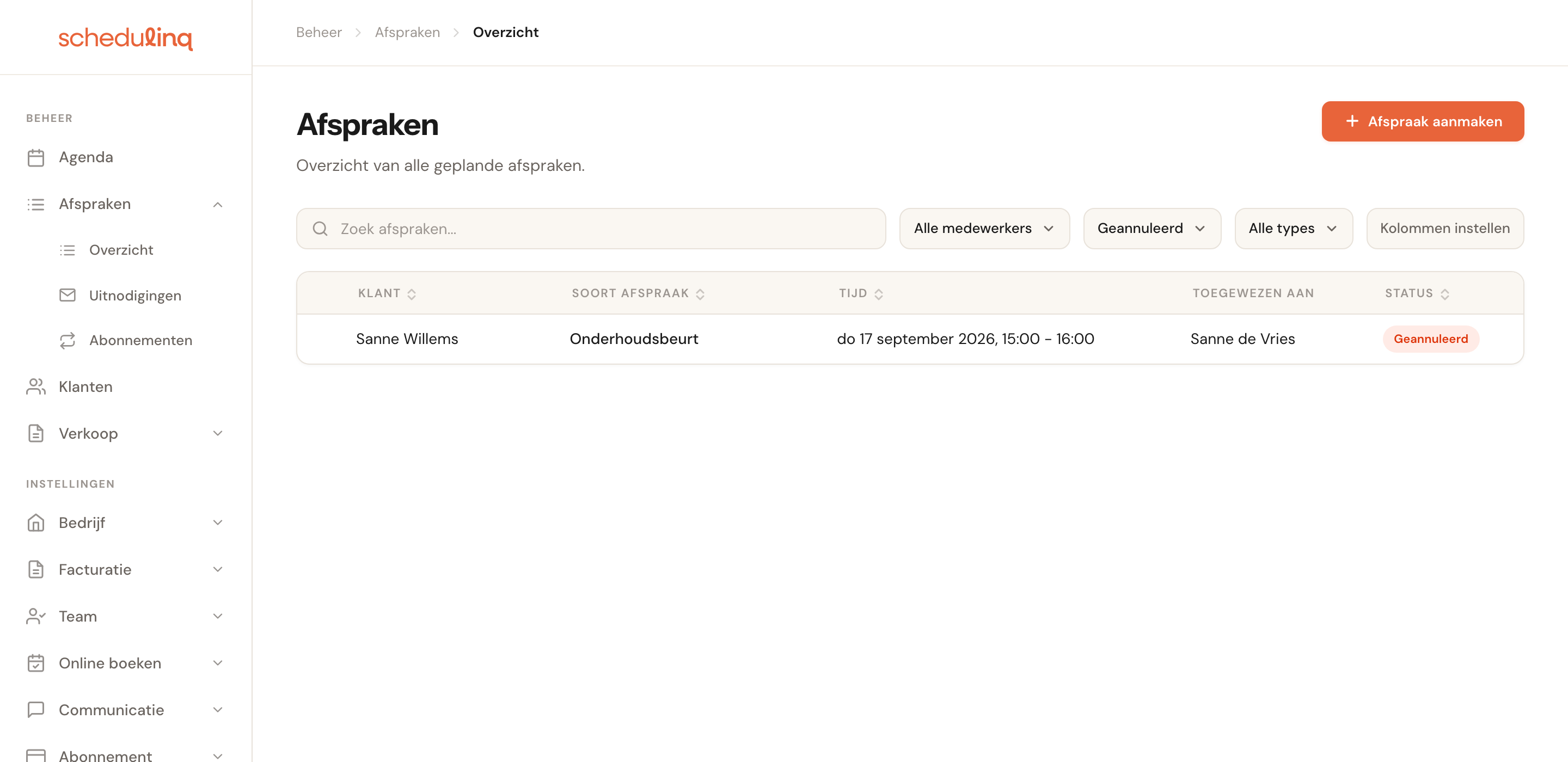 Het afsprakenoverzicht met het statusfilter op Geannuleerd en de geannuleerde afspraak in de lijst.
