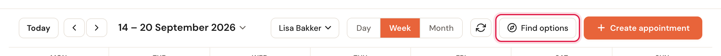 The calendar toolbar with the Find options button highlighted, next to Create appointment.