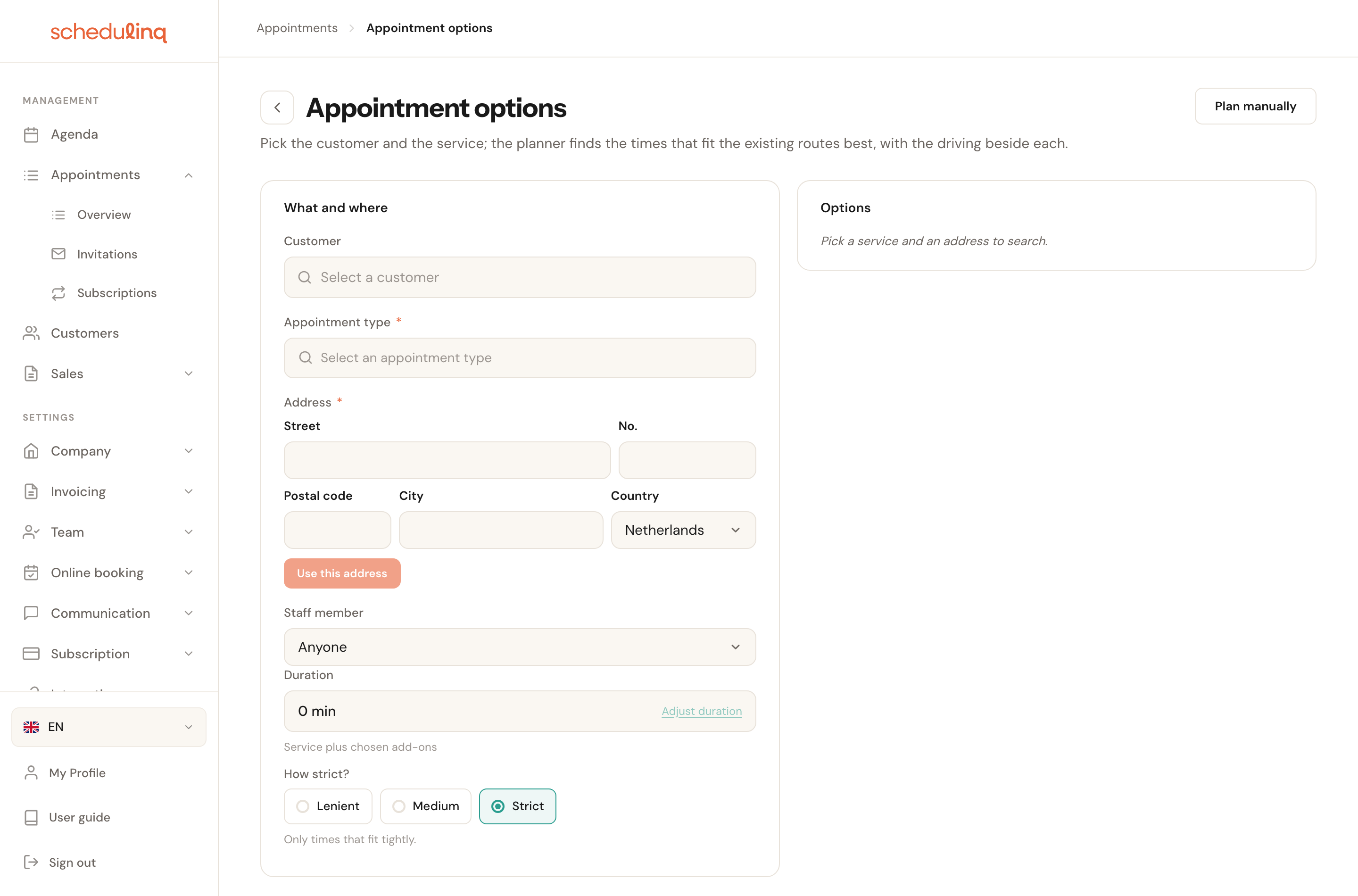 The Appointment options page as it opens: the empty What and where card on the left, the Options card on the right saying Pick a service and an address to search, and the Plan manually button at the top right.