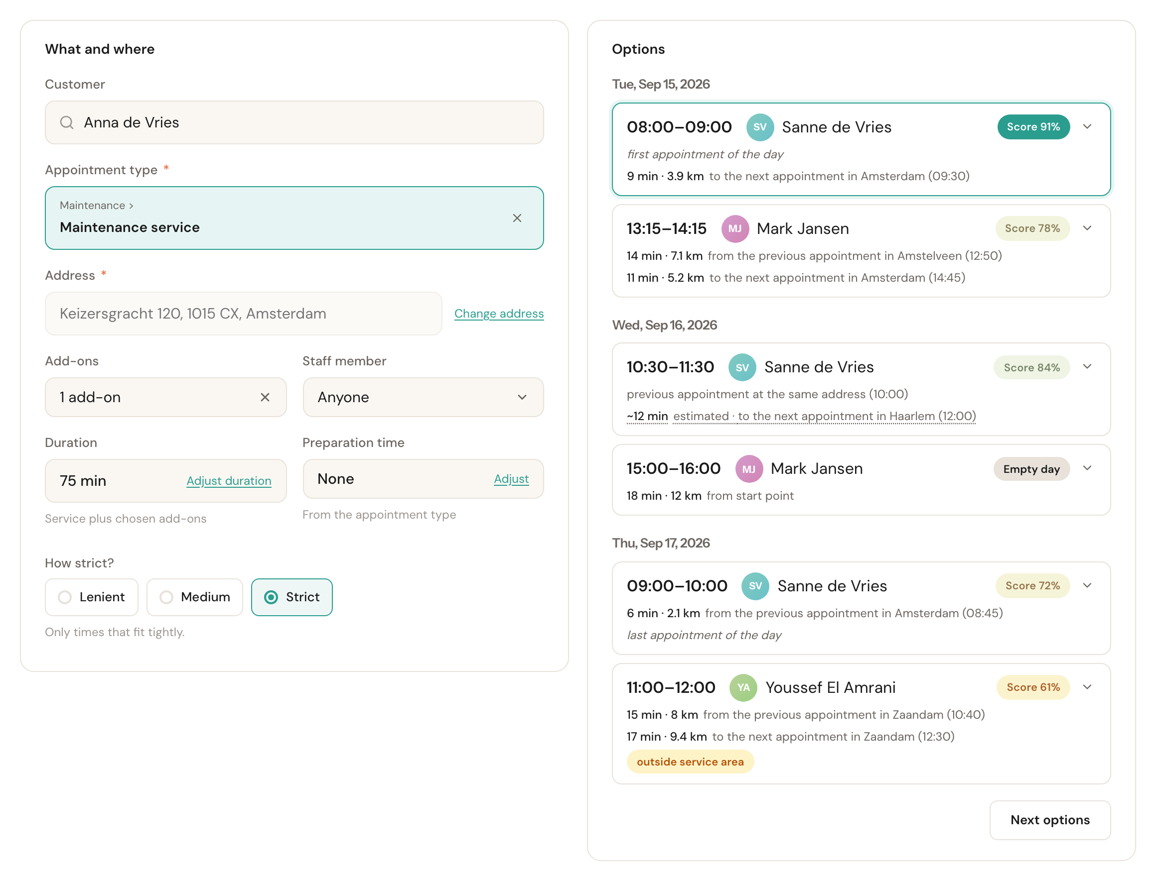 The planner with the What and where card on the left, filled in with a customer, service, address and add-on, and the Options card on the right listing six times across three days.