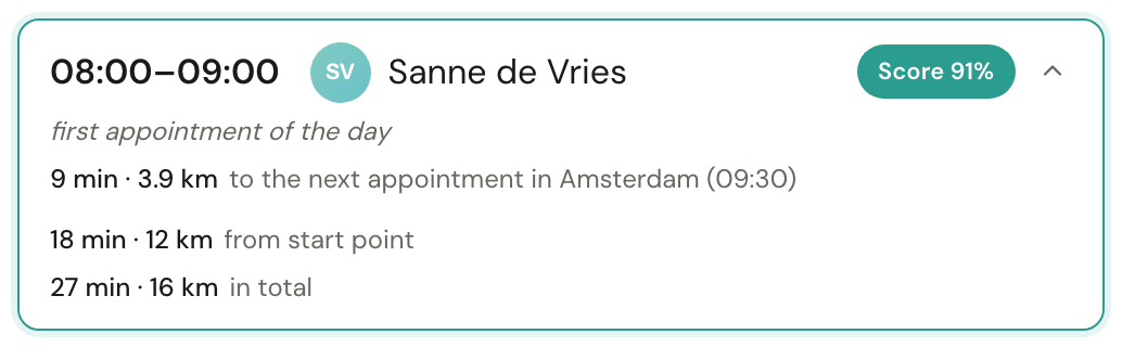 One row opened with the chevron: under the drive to the next appointment it now also shows the drive from the start point and the total, 27 minutes and 16 kilometres.