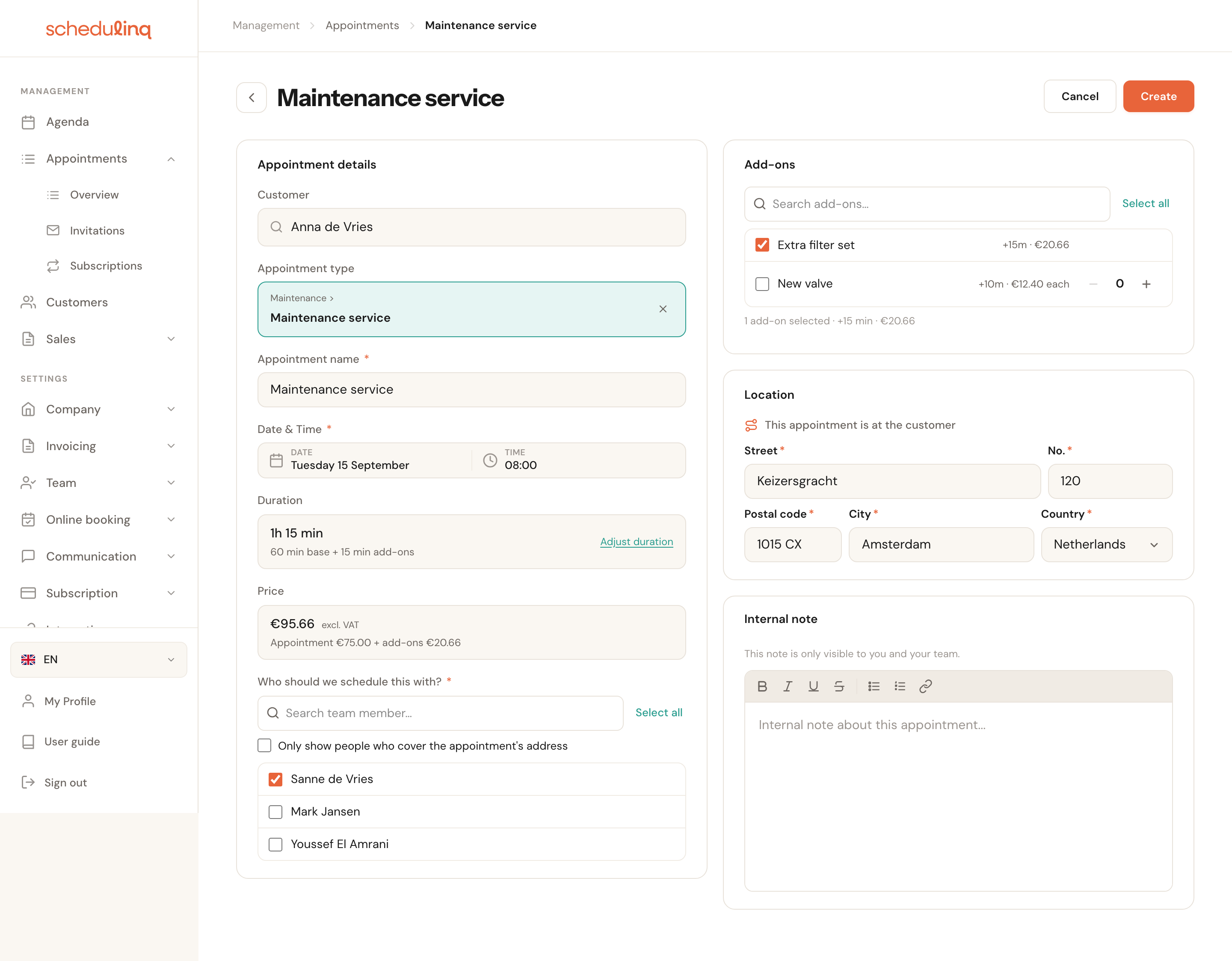 The New appointment form, filled in from the planner: customer Anna de Vries, Maintenance service, Tuesday 15 September 08:00, 1 hour 15 minutes, Sanne de Vries ticked, the extra filter set added and the customer's address.