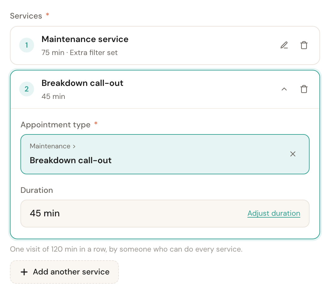 The Services block with two rows: service 1, Maintenance service, folded with 75 min · Extra filter set, a pen and a bin; service 2, Breakdown call-out, open with its appointment type and a duration of 45 minutes. Under them One visit of 120 min in a row, by someone who can do every service.