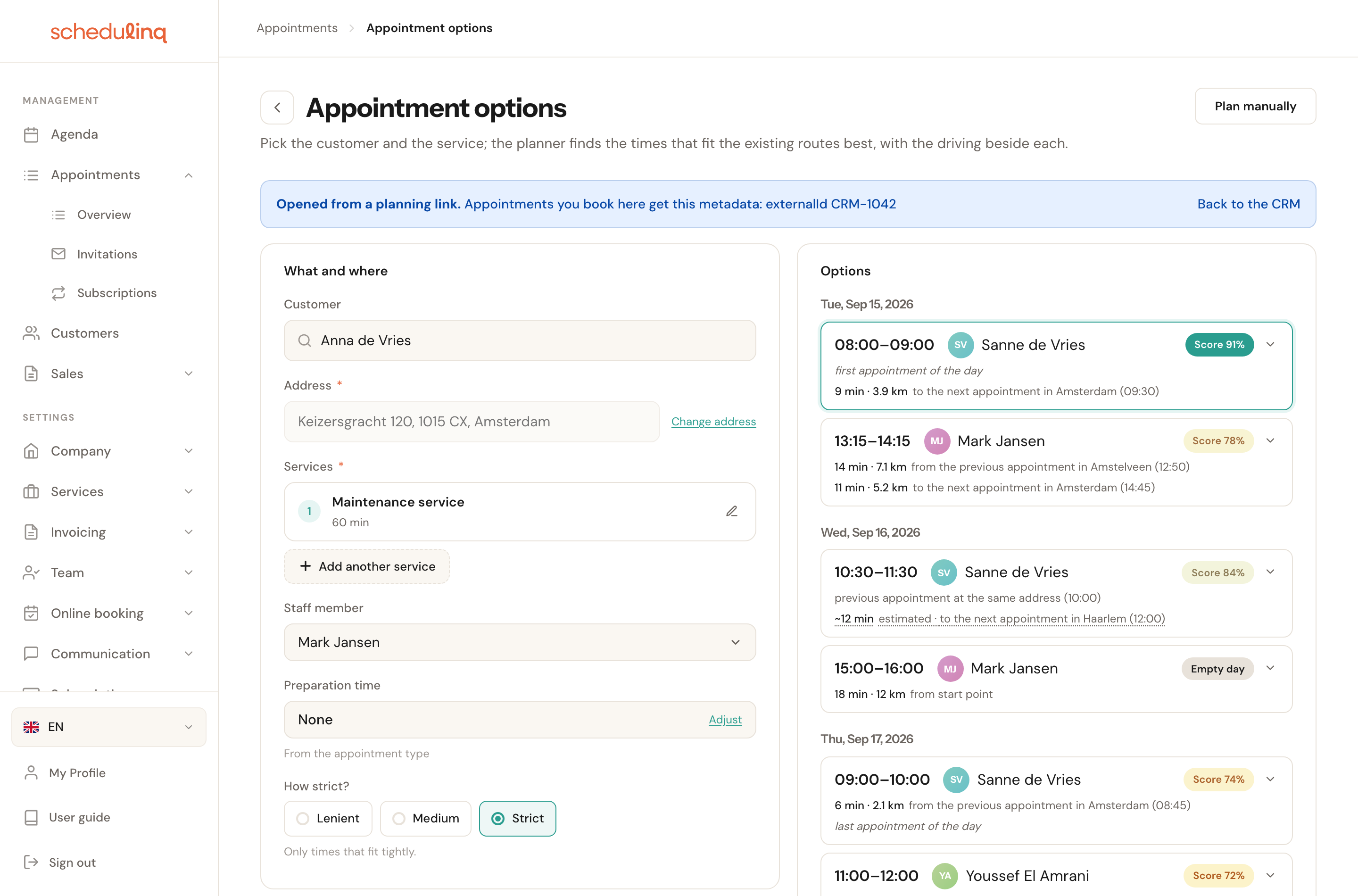The planner opened from a planning link: at the top the bar Opened from a planning link with the metadata your appointments get, below it the question filled in with the customer Anna de Vries, and the options on the right.