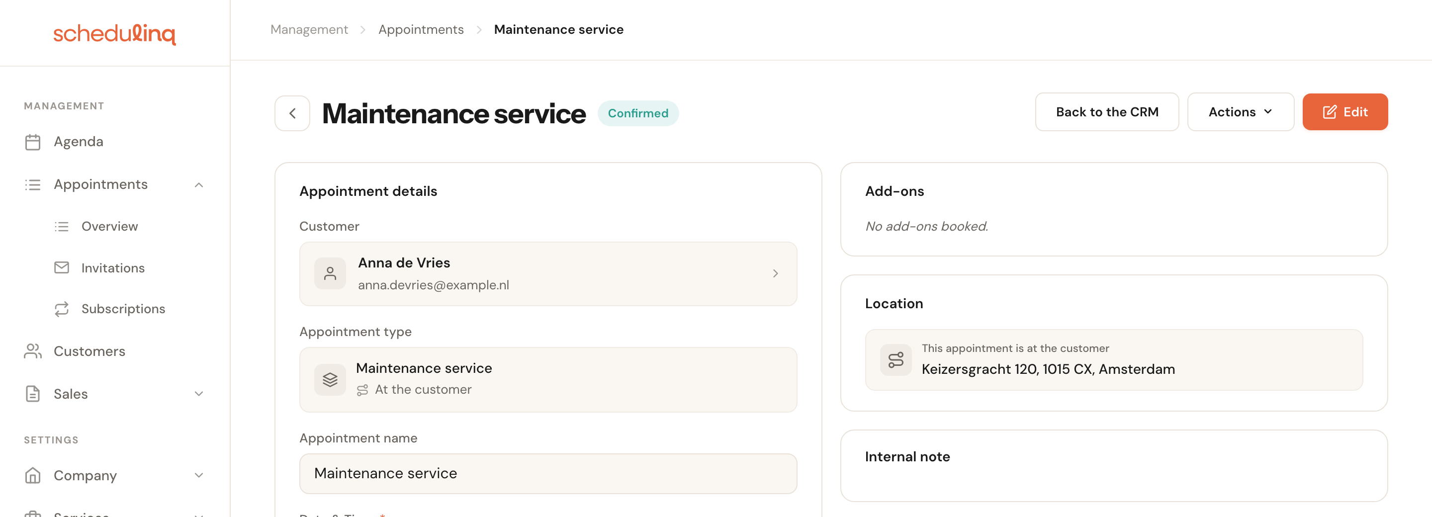 The top of an appointment made from a planning link, with the Back to the CRM button at the top right.