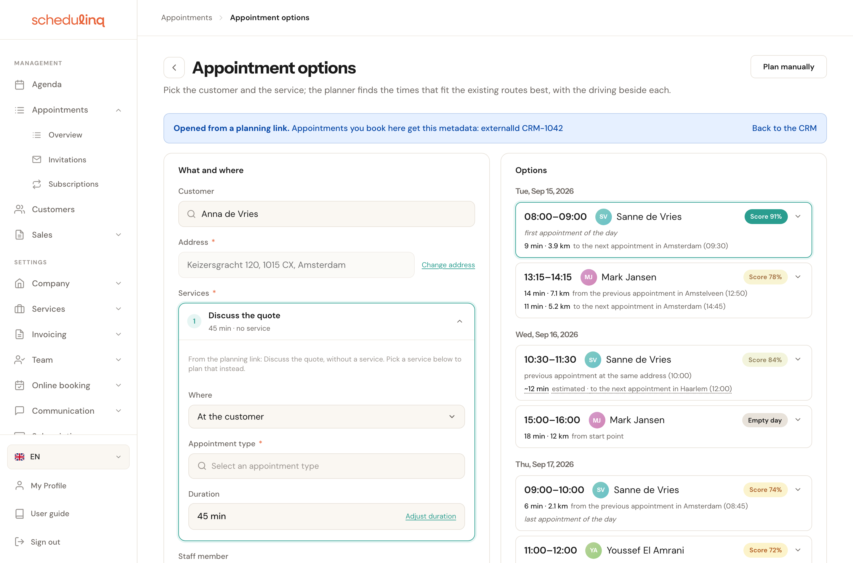 The planner opened from a planning link without a service: the row Discuss the quote, 45 min · no service, opened with the explanation From the planning link, the Where field on At the customer, an empty Appointment type and the duration 45 min.