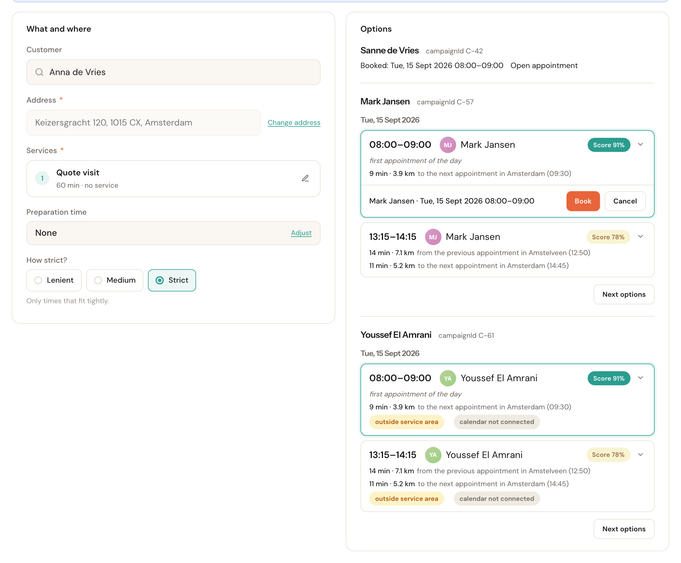 The planner opened from a planning link for three colleagues: Sanne de Vries is already booked, under Mark Jansen a time is picked with the Book and Cancel buttons, and Youssef El Amrani still has two options, marked outside service area.