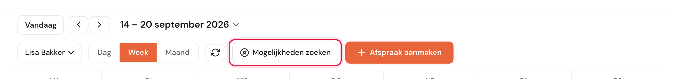 De werkbalk van de agenda met de knop Mogelijkheden zoeken gemarkeerd, naast Afspraak aanmaken.