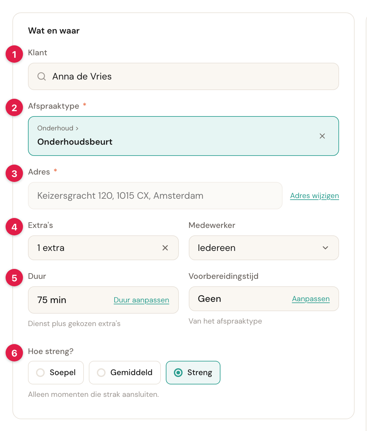 De kaart Wat en waar met genummerde markeringen bij klant, afspraaktype, adres, extra's, duur en de strengheid.