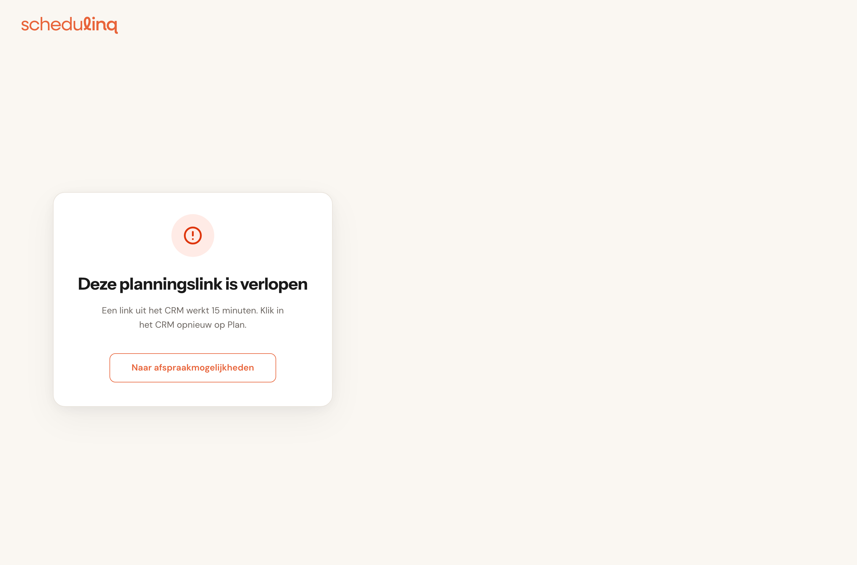 De pagina die een verlopen planningslink toont, met de uitleg en een knop naar de planner.