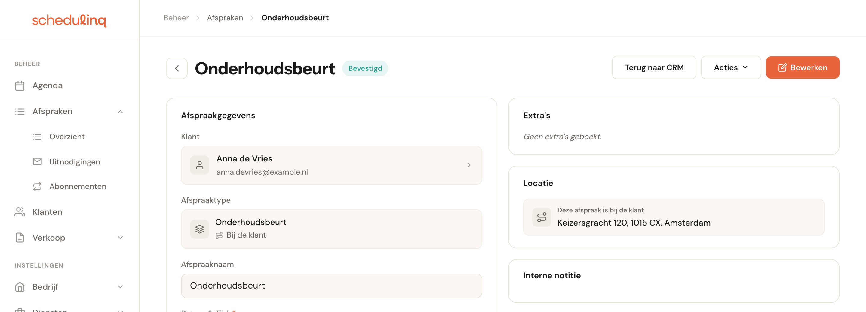 De bovenkant van een afspraak die vanuit een planningslink is gemaakt, met rechtsboven de knop Terug naar CRM.