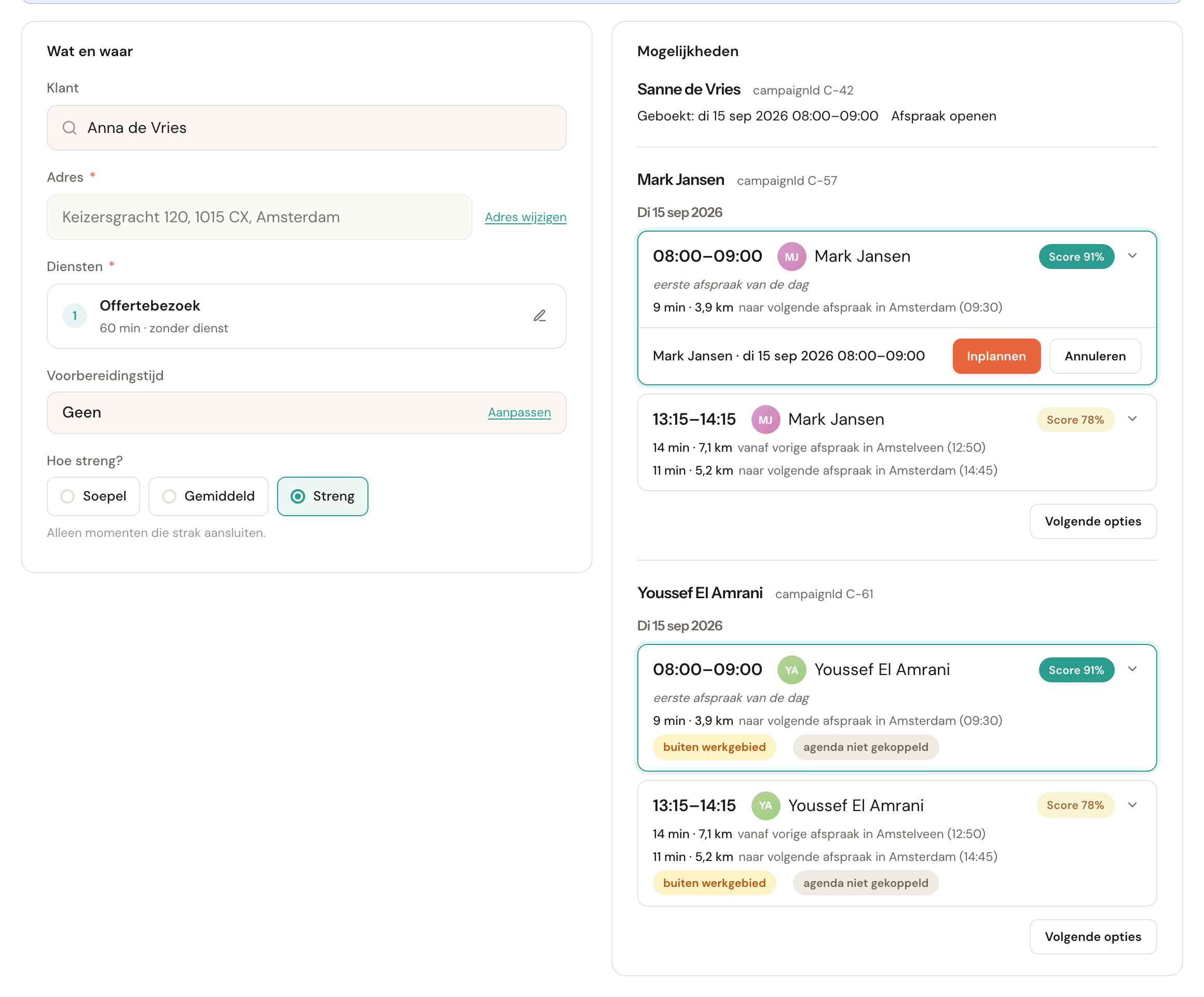 De planner geopend vanuit een planningslink voor drie medewerkers: Sanne de Vries is al geboekt, onder Mark Jansen is een moment gekozen met de knoppen Inplannen en Annuleren, en Youssef El Amrani heeft nog twee mogelijkheden, gemarkeerd buiten werkgebied.