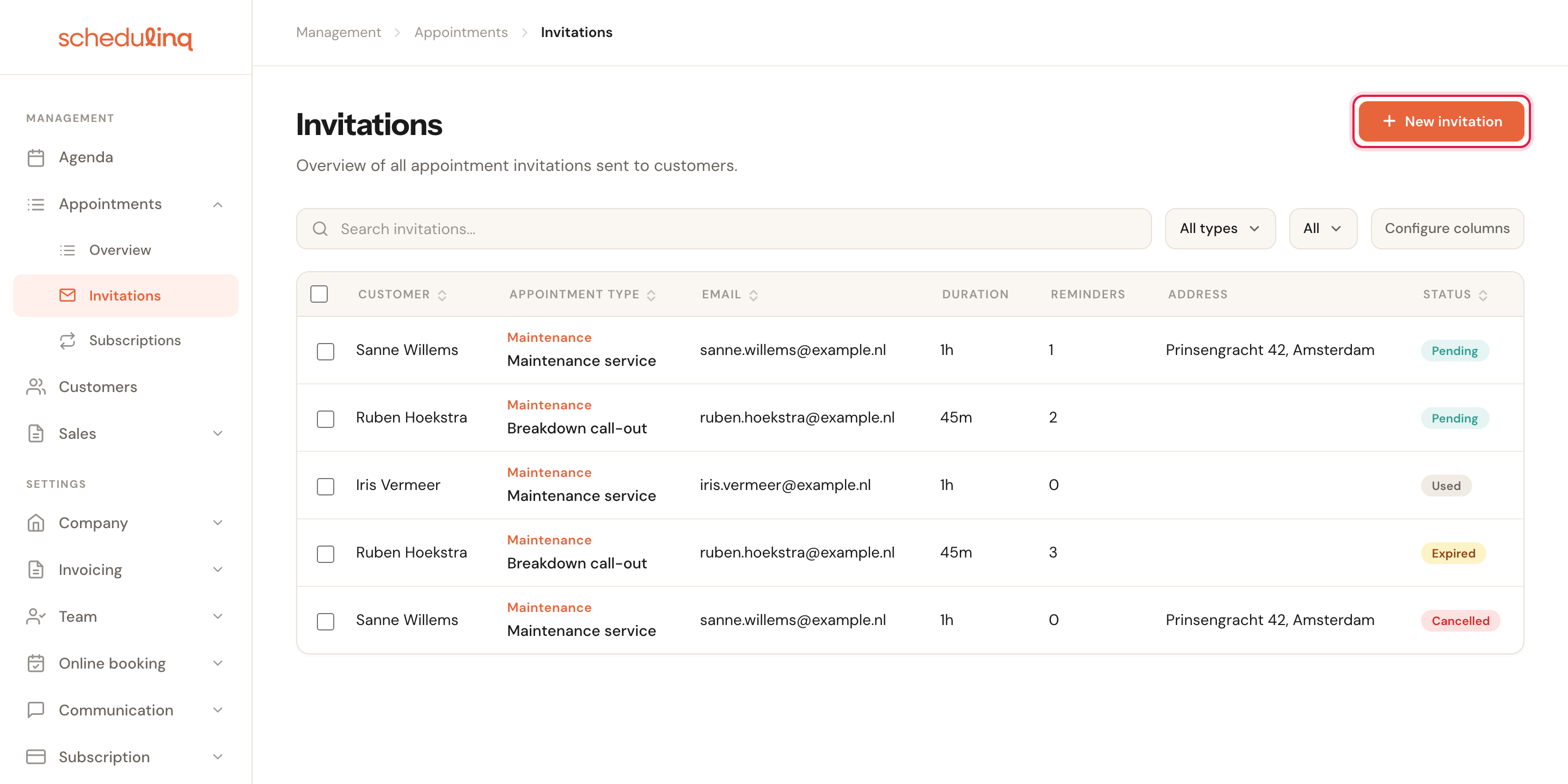 The Invitations overview with invitations in five different statuses.