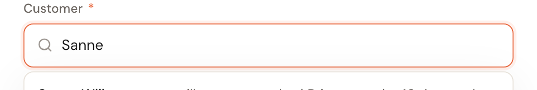 The customer search field showing a list of suggestions.