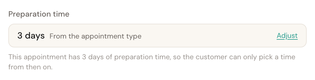 The Preparation time field showing 3 days, the label From the appointment type, and an Adjust button.