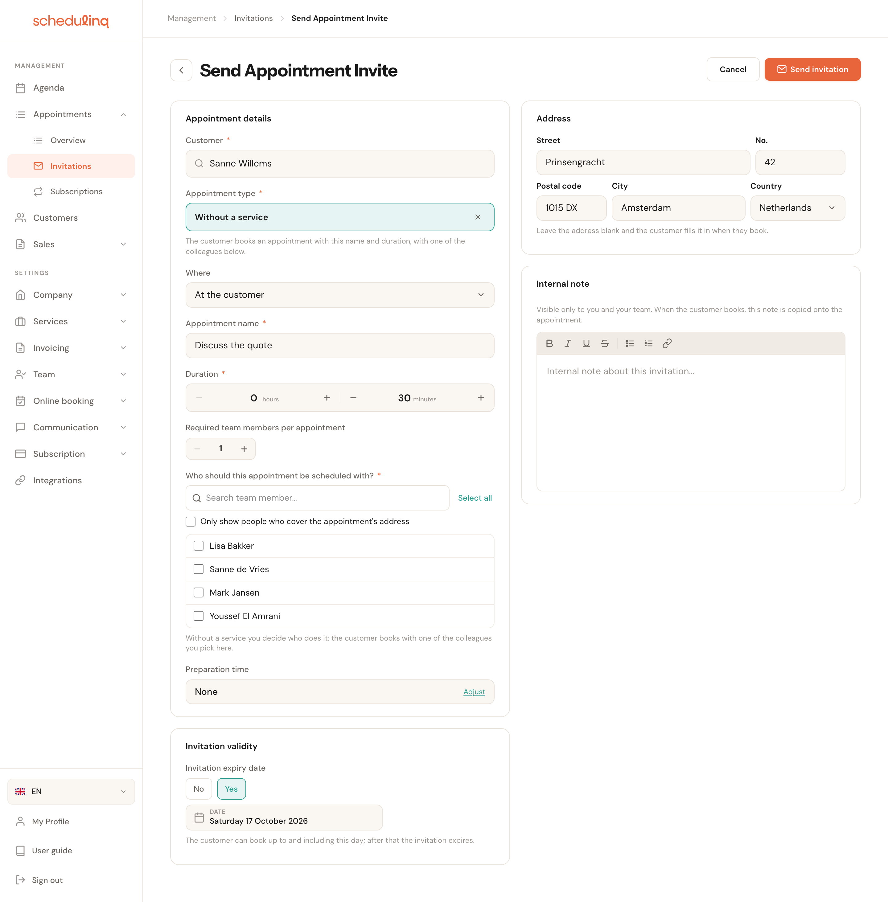 The New invitation form with Appointment type on Without a service, under it Where on At the customer, Appointment name Discuss the quote, Duration 0 hours 30 minutes, all four colleagues in the list with the note that without a service you decide who does it, and Preparation time None.
