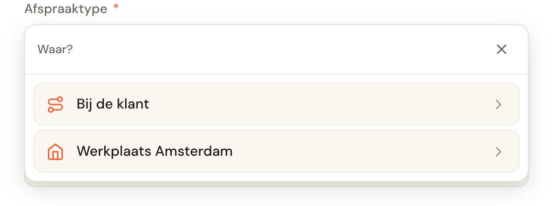 De keuzelijst vraagt eerst waar de afspraak plaatsvindt.
