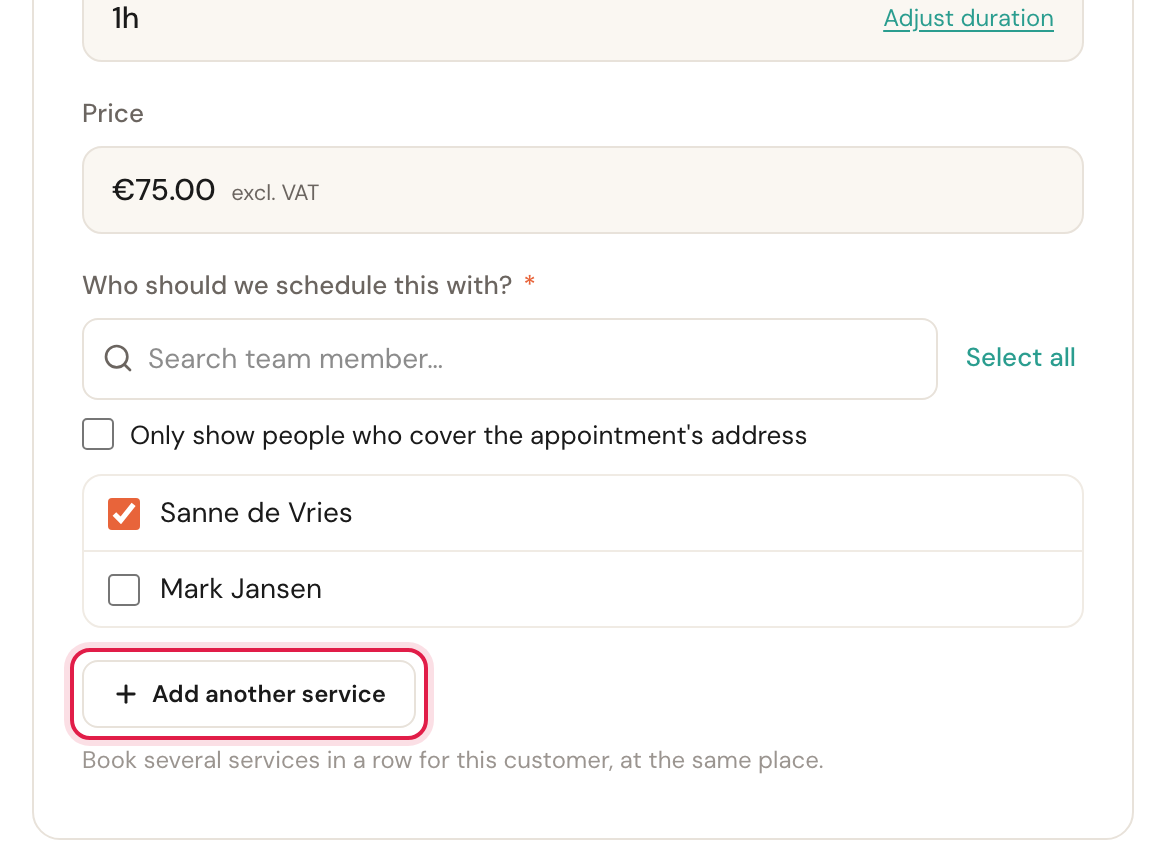 The bottom of the Appointment details card, under the staff list with Sanne de Vries ticked, with the Add another service button highlighted.