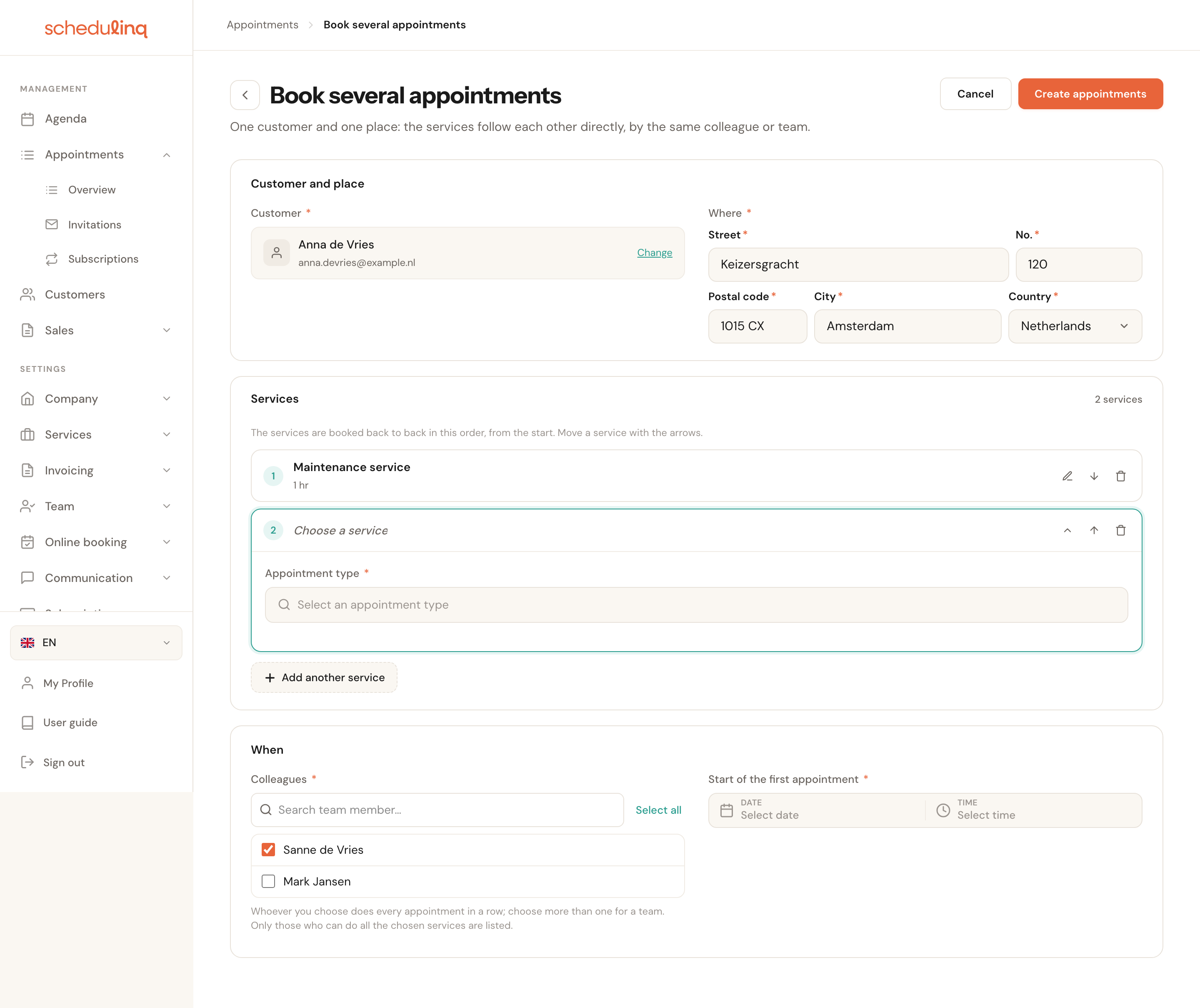 The Book several appointments page with the Customer and place, Services and When cards. Service 1 Maintenance service is folded, service 2 is open with an empty Appointment type field.