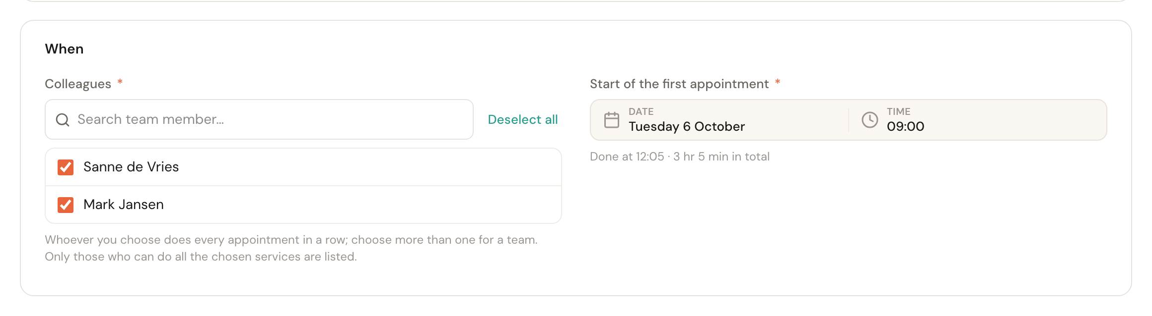 The When card with Sanne de Vries and Mark Jansen ticked, the start on Tuesday 6 October at 09:00 and underneath: Done at 12:05, 3 hr 5 min in total.