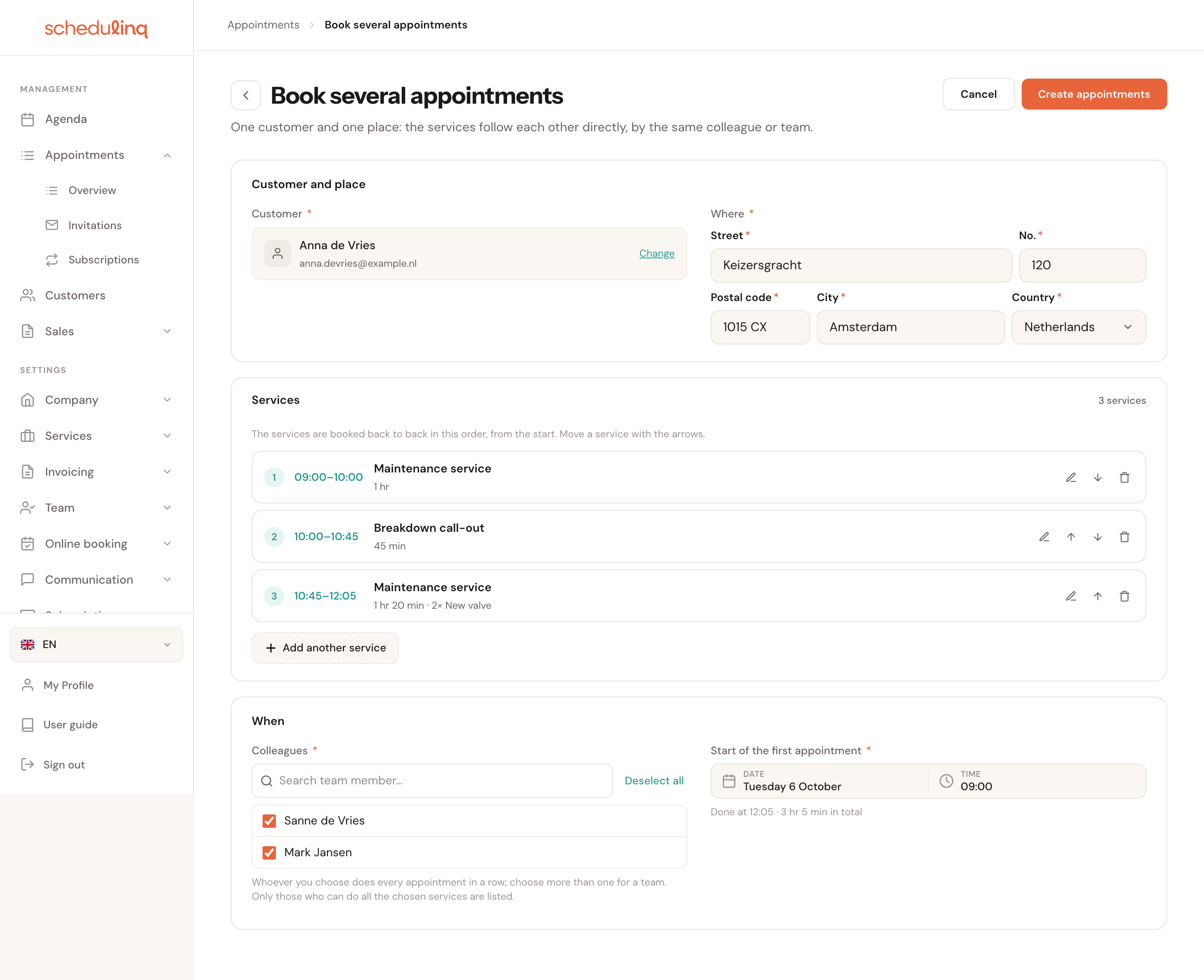 The filled-in page: customer Anna de Vries with her address, three services with their times from 09:00 to 12:05, and under When two colleagues and the start on Tuesday 6 October at 09:00.