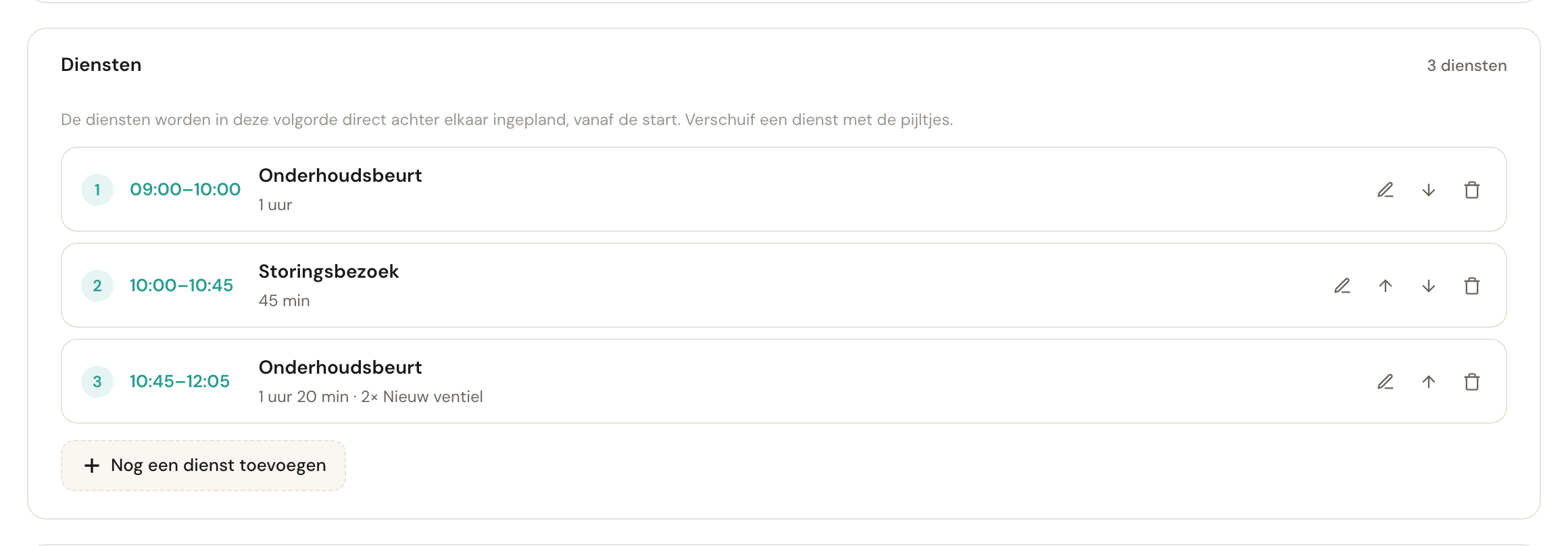 De kaart Diensten met drie ingeklapte regels: 1 Onderhoudsbeurt 09:00–10:00, 2 Storingsbezoek 10:00–10:45, 3 Onderhoudsbeurt 10:45–12:05 met 2× Nieuw ventiel, elk met een potlood, pijltjes en een prullenbak.