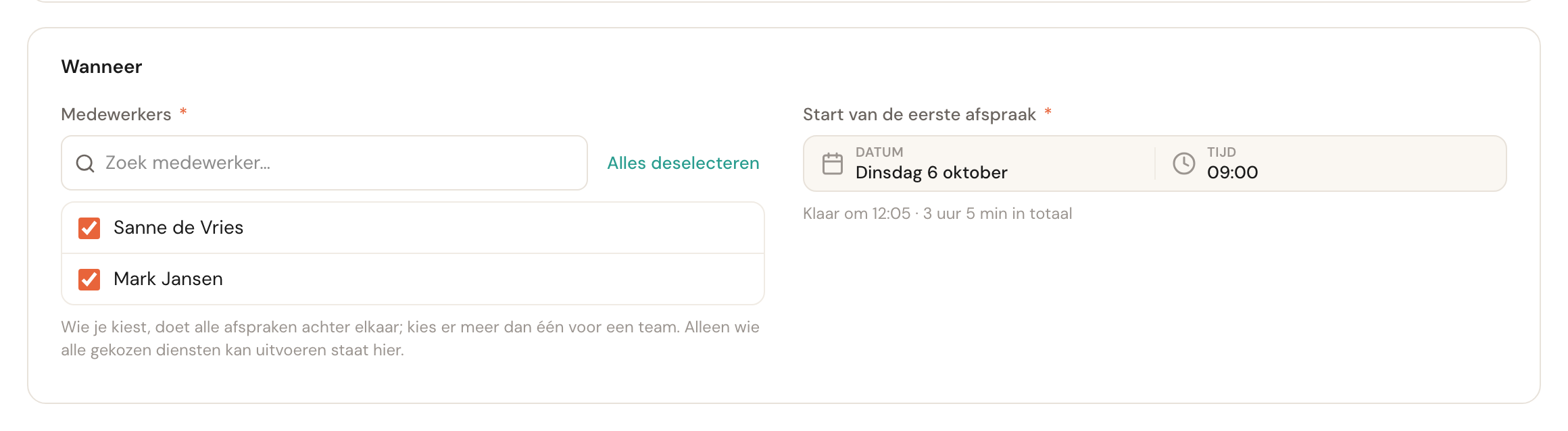 De kaart Wanneer met Sanne de Vries en Mark Jansen aangevinkt, de start dinsdag 6 oktober 09:00 en eronder: Klaar om 12:05, 3 uur 5 min in totaal.