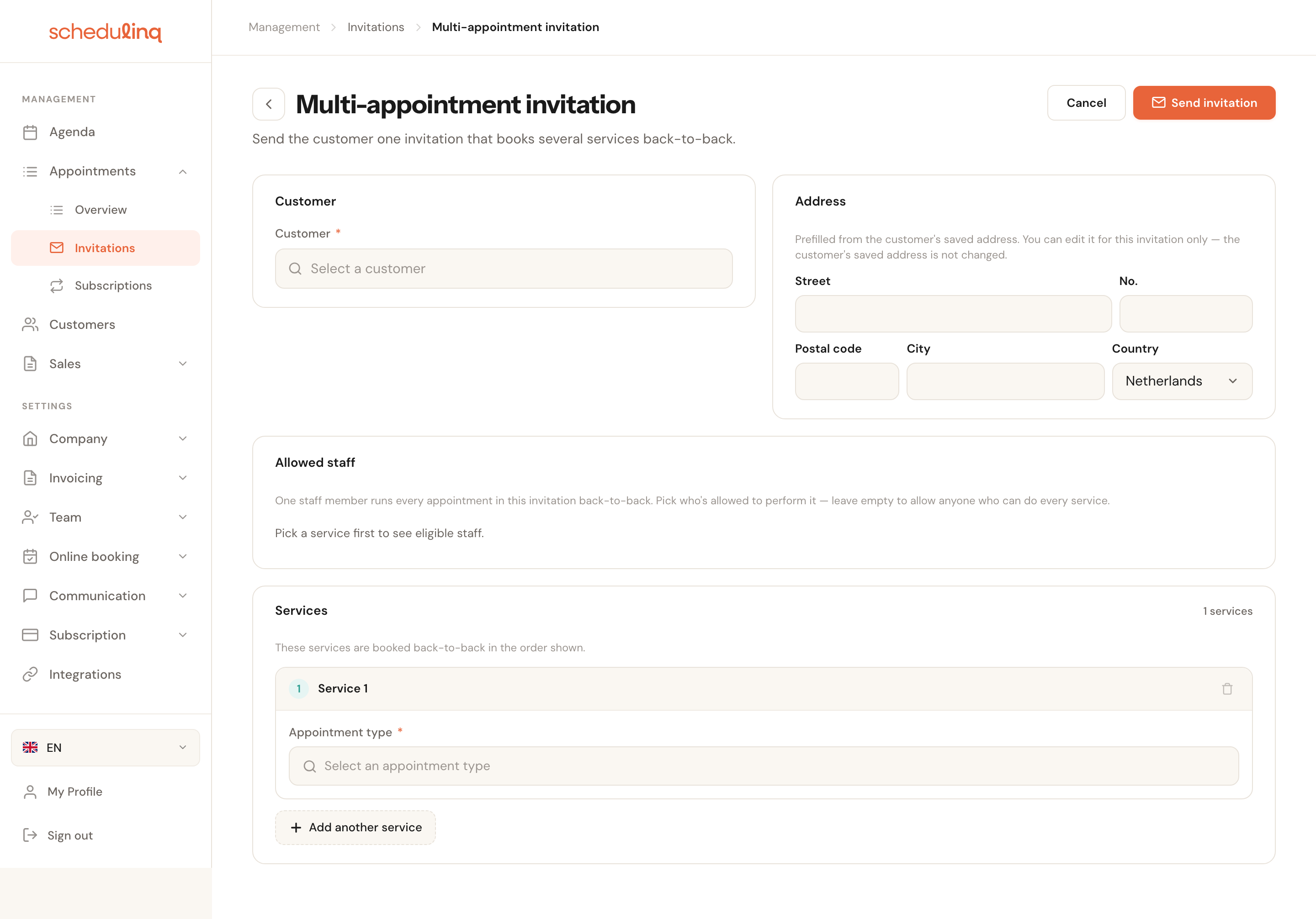 The empty form with the Customer, Address, Allowed staff and Services blocks.