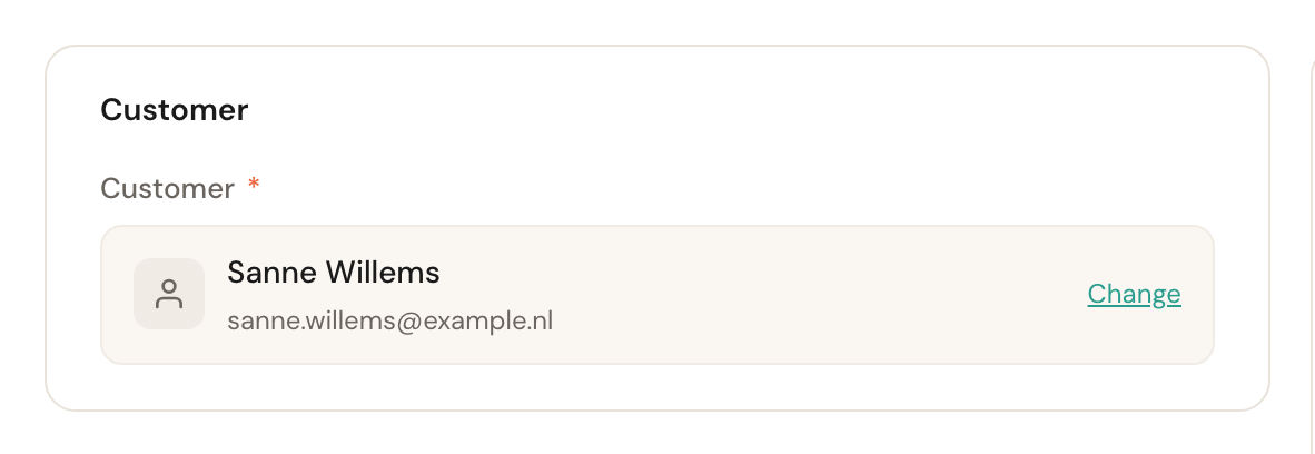 The customer card with Sanne Willems selected and her email address underneath.